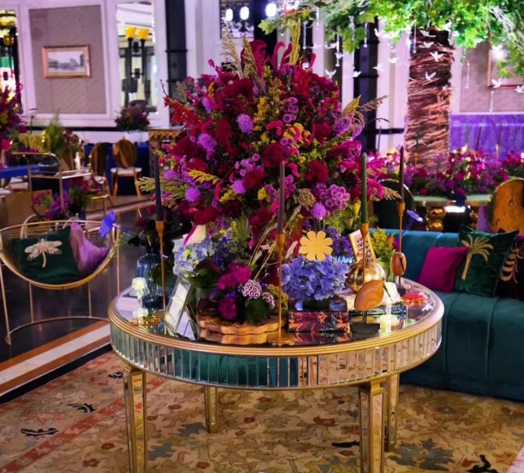 Mirrored Banquet Table and Jewel-Tone Floral Lounge